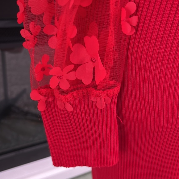 NO BOUNDARIES Red Ribbed Puffy Floral Sheer Sleeve Cable knit Sweater Dress NWOT - Picture 7 of 13
